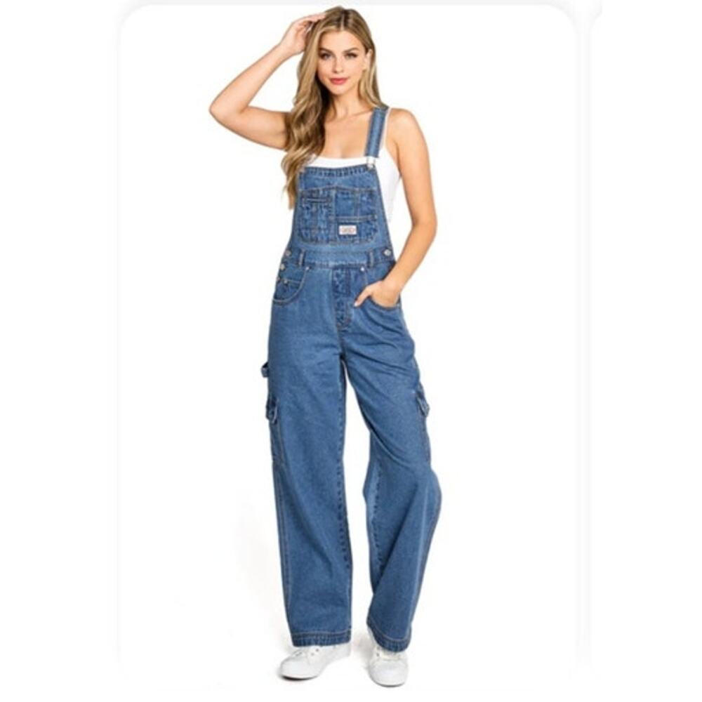 Lana Roux 90s Retro Dungaree Utility Cargo Denim Overalls Blue Large